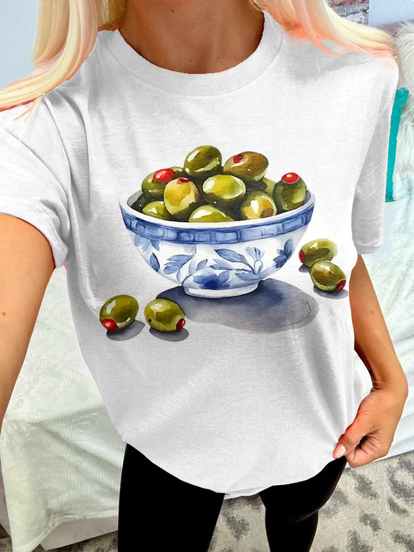 Camiseta de cuello redondo con estampado retro sencillo de oliva 