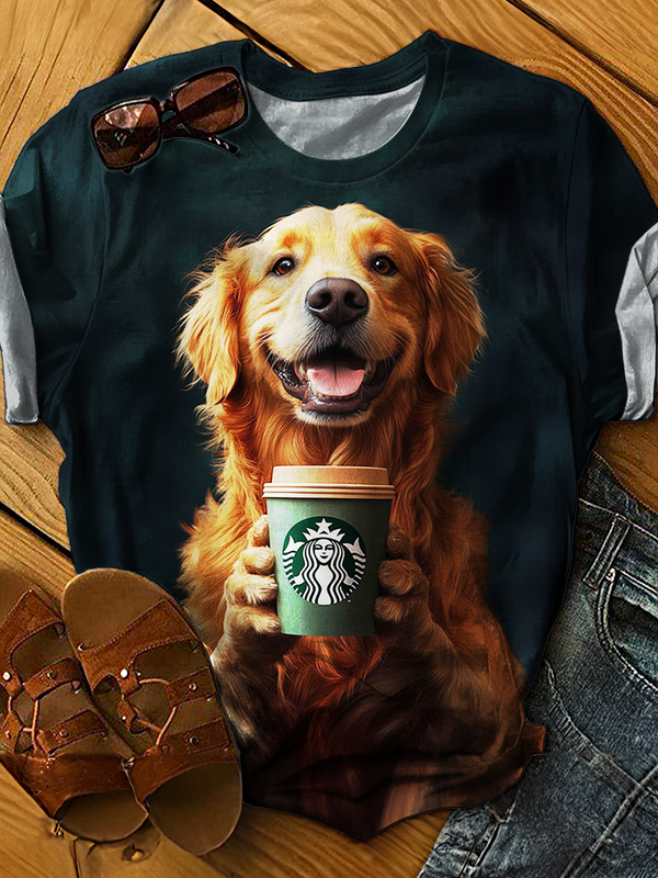 Starbucks Dog Print Crew Neck T-shirt