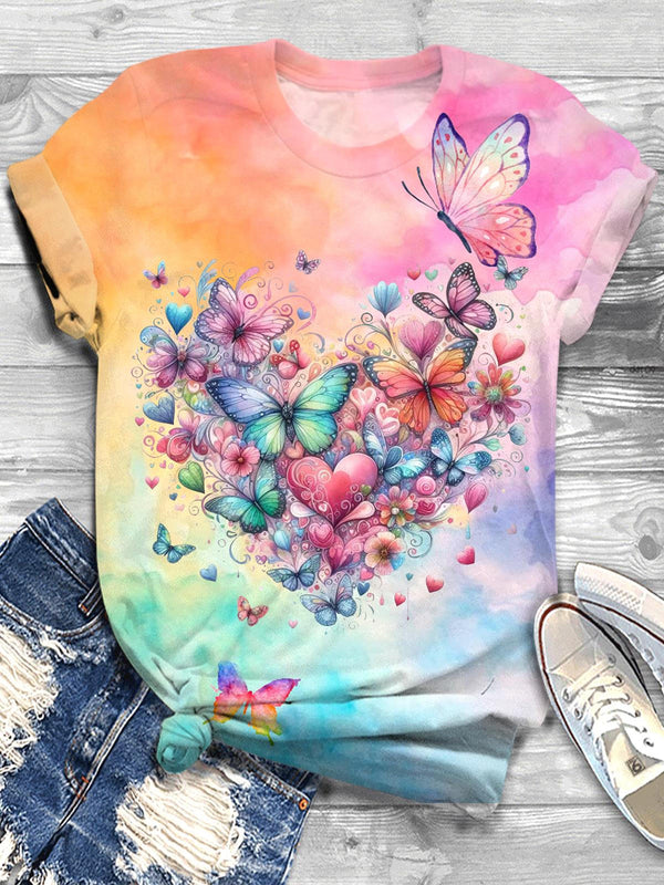 Pink Butterfly Love Summer Crew Neck T-shirt