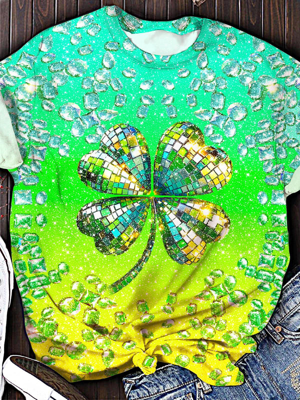 St. Patrick's Diamond Four Leaf Clover Print Crew Neck T-shirt