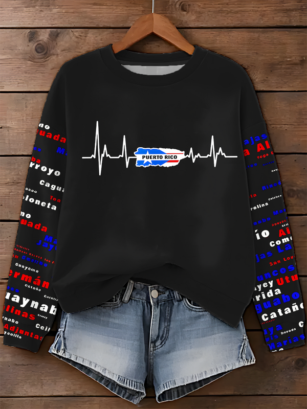 He Beat Puerto Rico Flag Printed Long Sleeve Casual Top