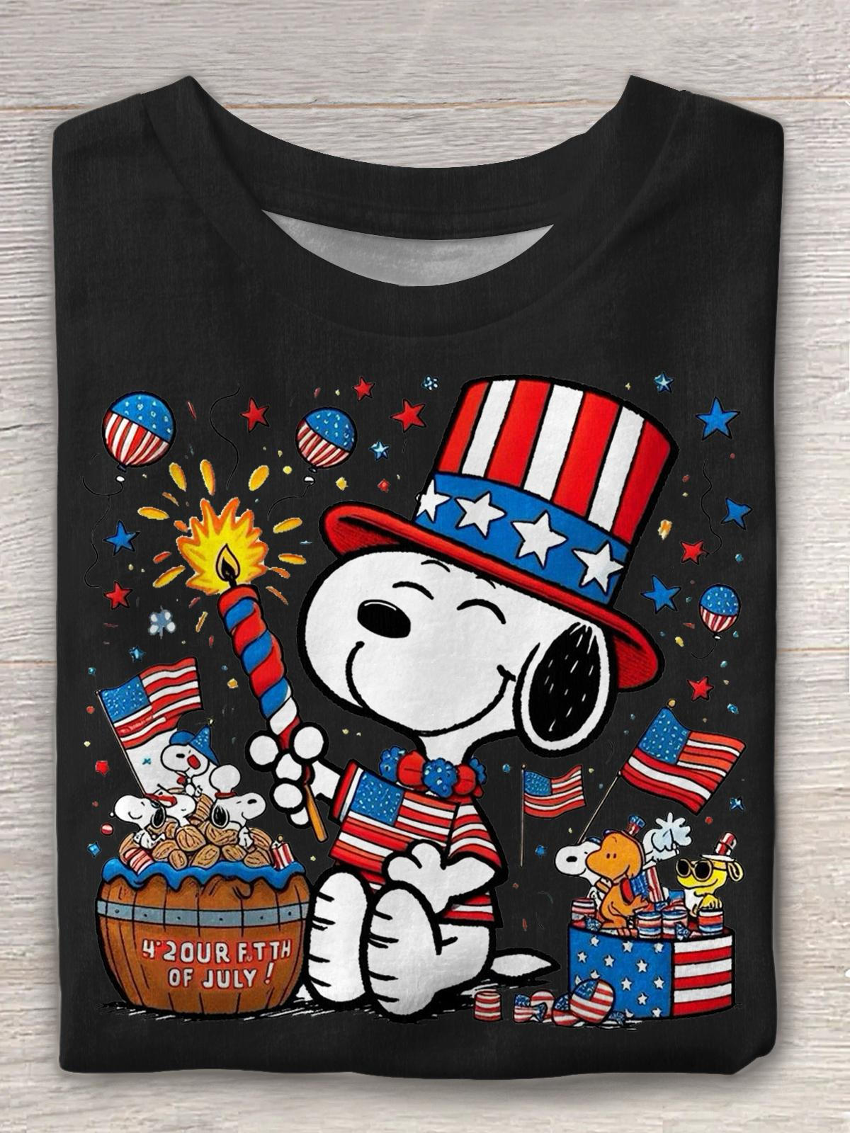 Cute Cartoon Independence Day Printed Crew Neck T-shirt
