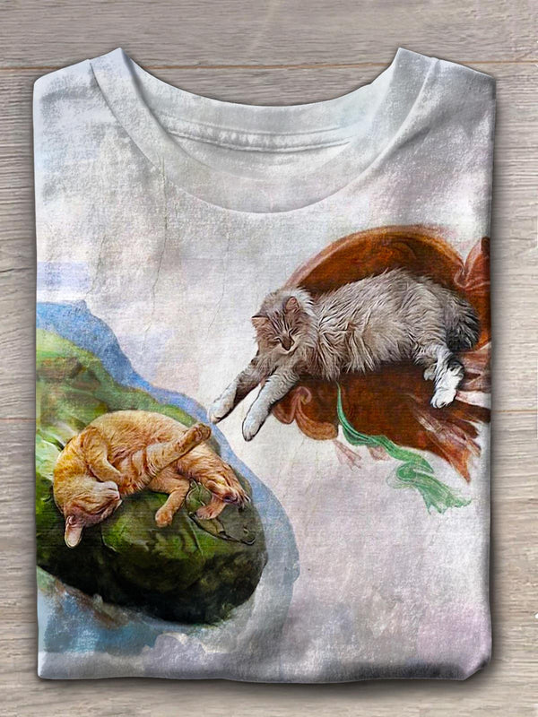 Women's Renaissance Adam Cat Print Crew Neck T-shirt