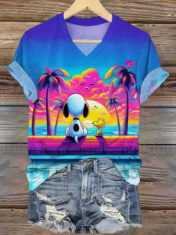 Fun Vacation Watch The Sunset With Snoopy V-neck T-Shirt