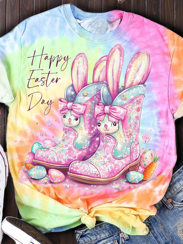 Happy Easter Day Cute Rabbit Boots Tie Dye Print T-Shirt