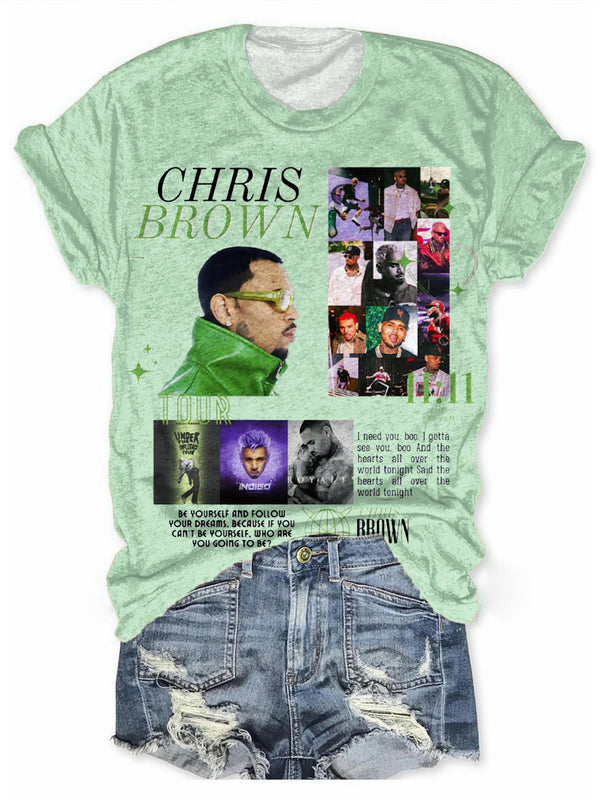 Camiseta de cuello redondo con estampado de empalmes creativos de Chris Brown Green 