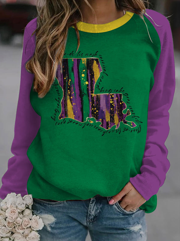 Mardi Gras Louisiana Map Long Sleeve Casual Top