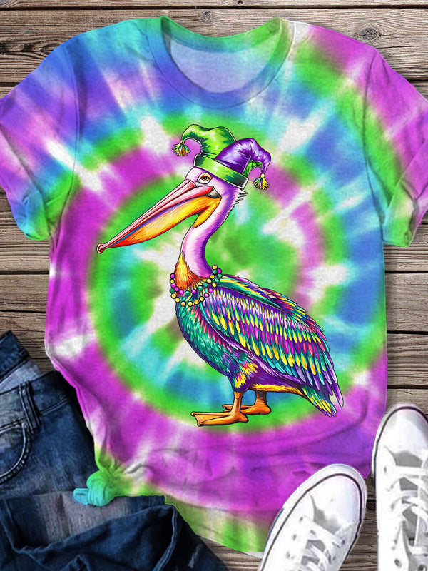 Watercolor Mardi Gras Pelican Crew Neck T-shirt