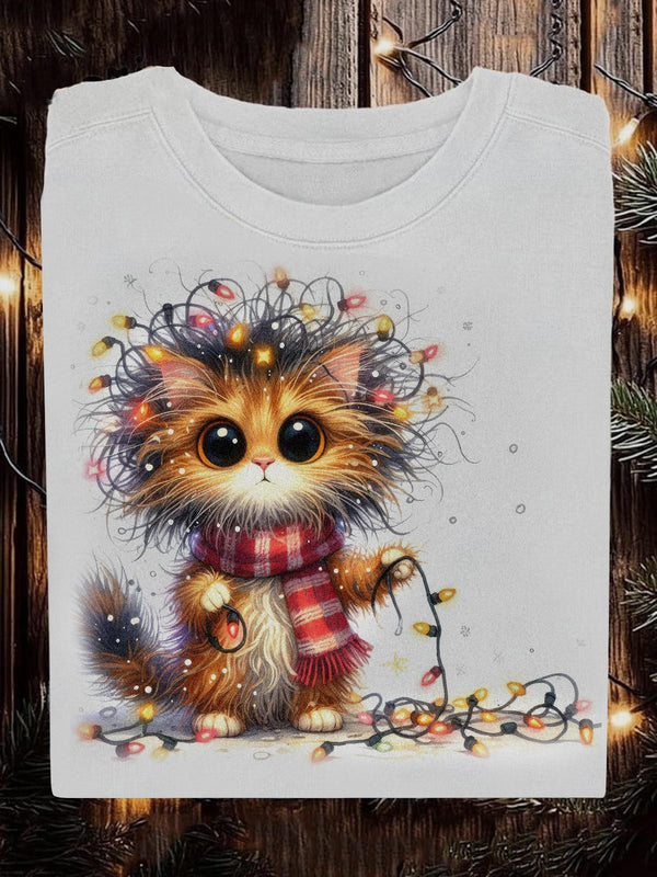 Quirky Cat Christmas Lights Long Sleeve Casual Top