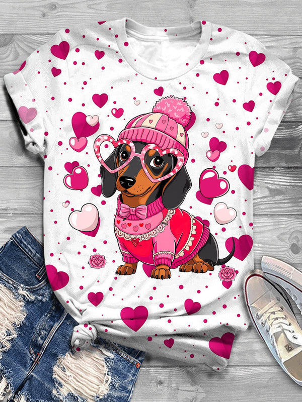 Cute Dachshund Dog Valentine Day Crew Neck T-shirt