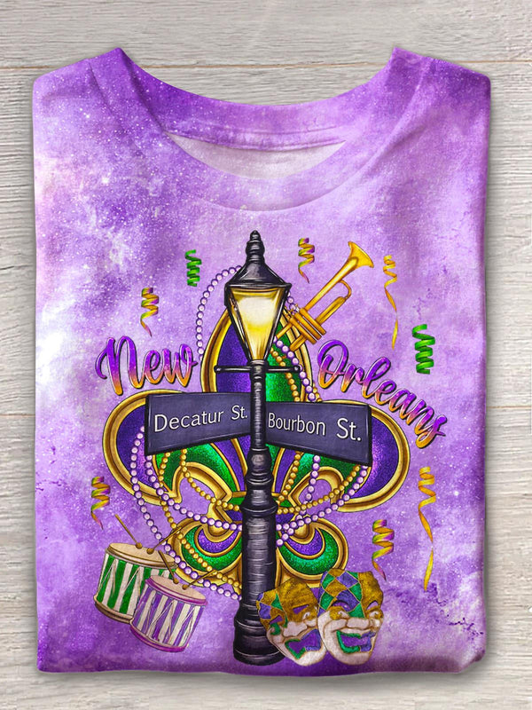 Vintage New Orleans Mardi Gras Print Crew Neck T-shirt