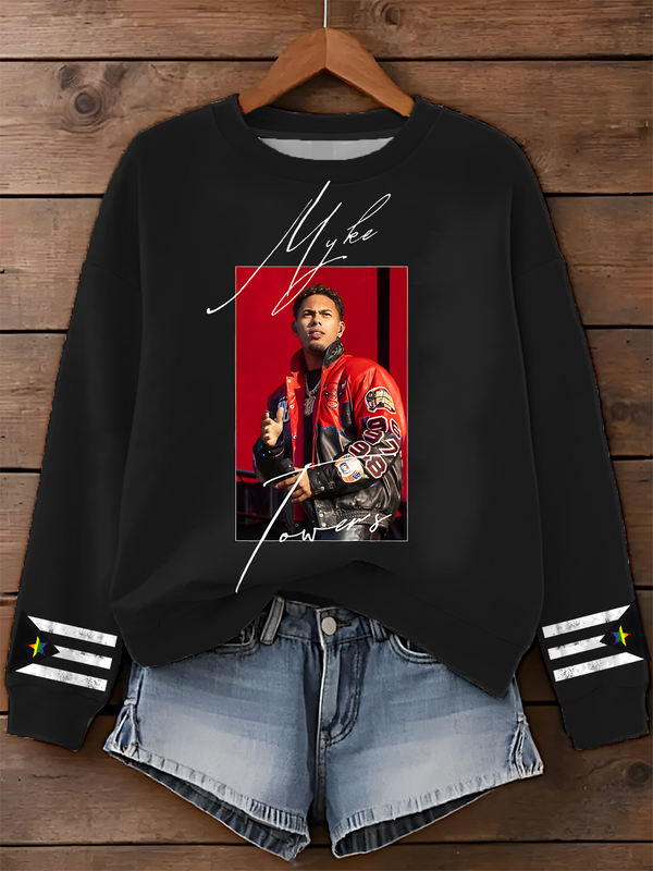 Myke Towers La Pantera Negra Deluxe Album Classic Printed Long Sleeve Casual Top
