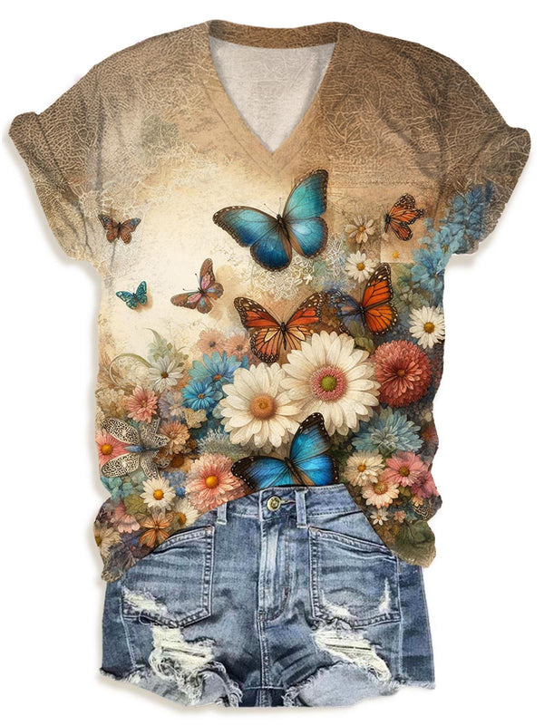 Women's Vintage Floral Short Sleeve V-neck T-Shirt