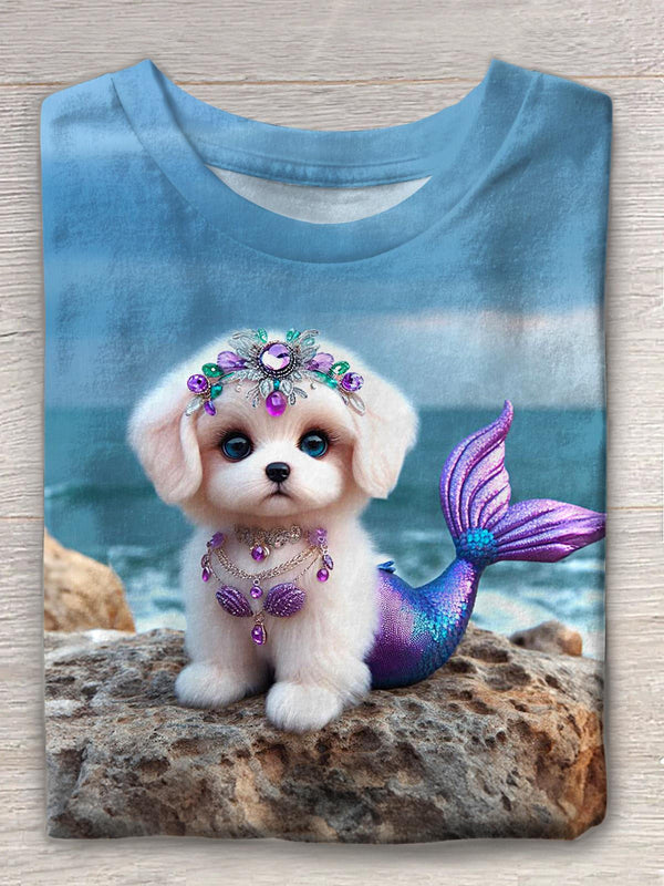 Cute Mermaid Puppy Crew Neck T-shirt