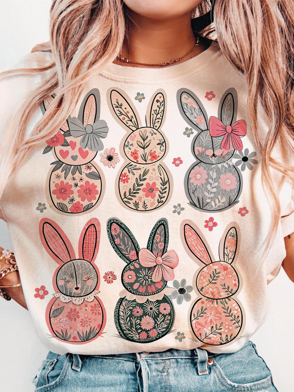 Retro Coquette Easter Bunny Floral Crew Neck T-shirt