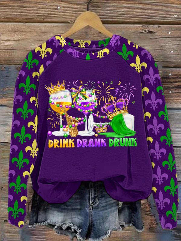 Drink drunk drank Happy Mardi Gras Printed Long Sleeve Casual Top