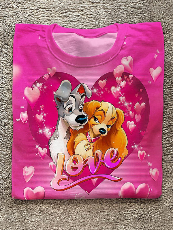 Women's Romantic Valentine's Day Puppy Print Crew Neck T-shirt