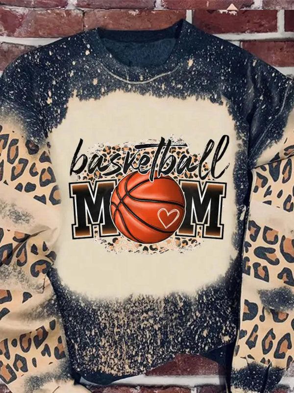 Top casual de manga larga con estampado de leopardo y baloncesto 