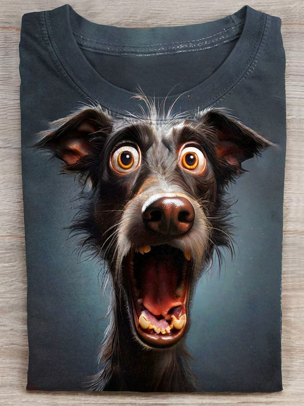 Cute Surprised Dog Print Crew Neck T-shirt