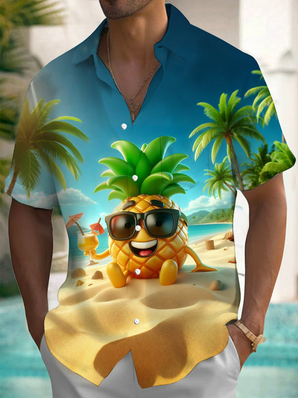 Camisas de manga corta con bolsillo para hombre con estampado de piña hawaiana