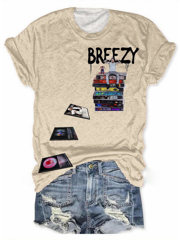 Camiseta de cuello redondo con estampado de retrato de escalera y álbum divertido de Chris Brown 