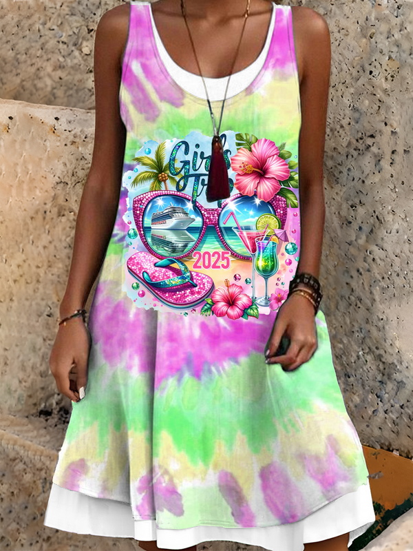 Girls Trip 2025 Sublimation Shirt Summer Trip Vacation Ladies False Two Dress