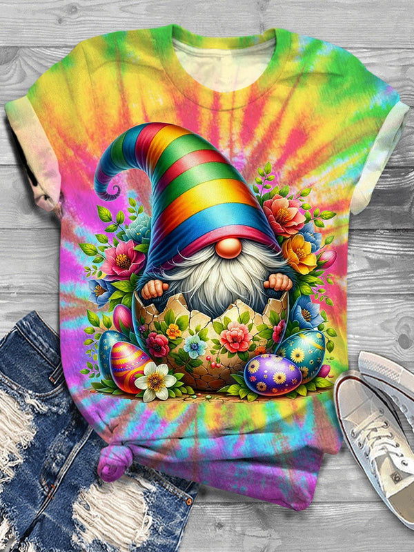 Easter Gnome Tie Dye Crew Neck T-shirt