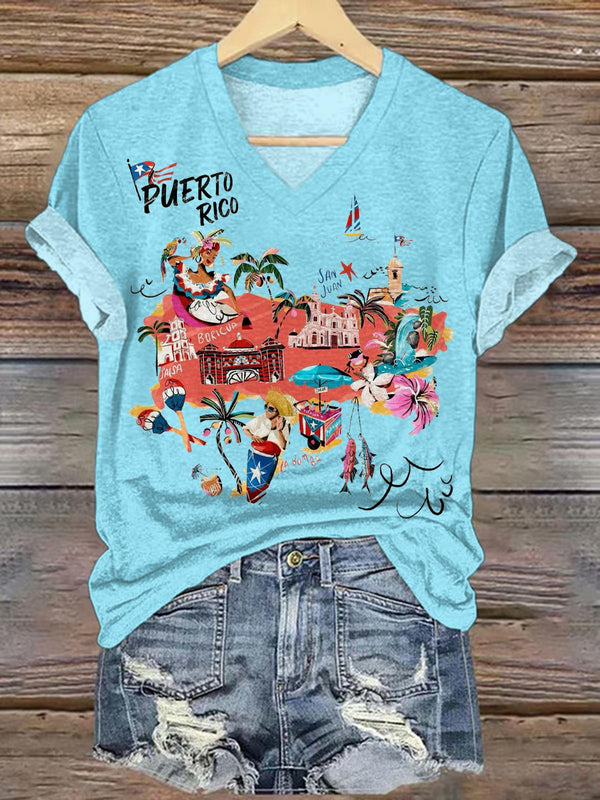 BadBunny Puerto Rican Print V-neck T-Shirt