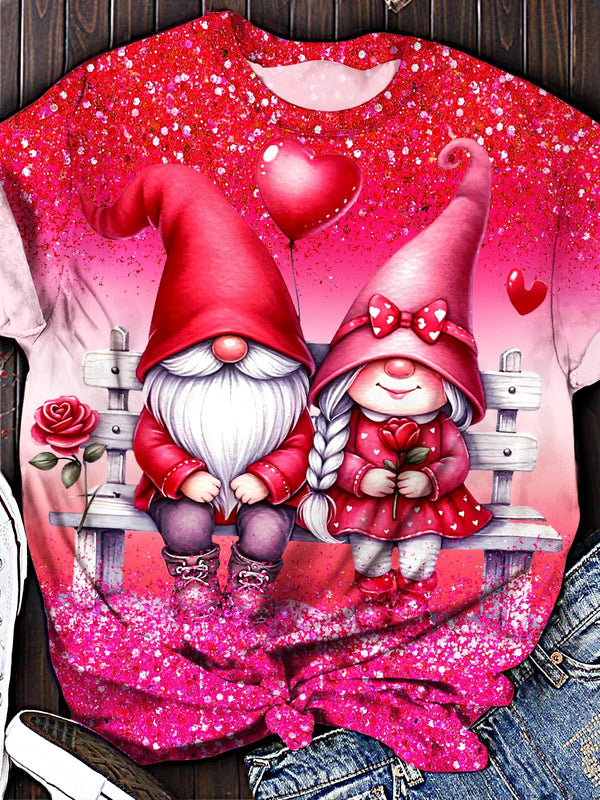 Cute Dwarf Couple Valentine's Day PrintedCrew Neck T-shirt