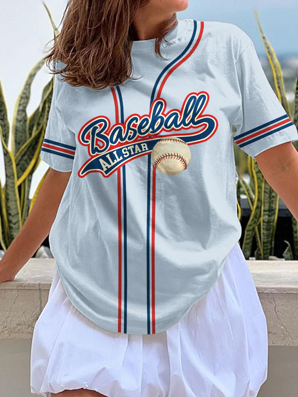 Camiseta de cuello redondo con estampado de rayas de béisbol retro 