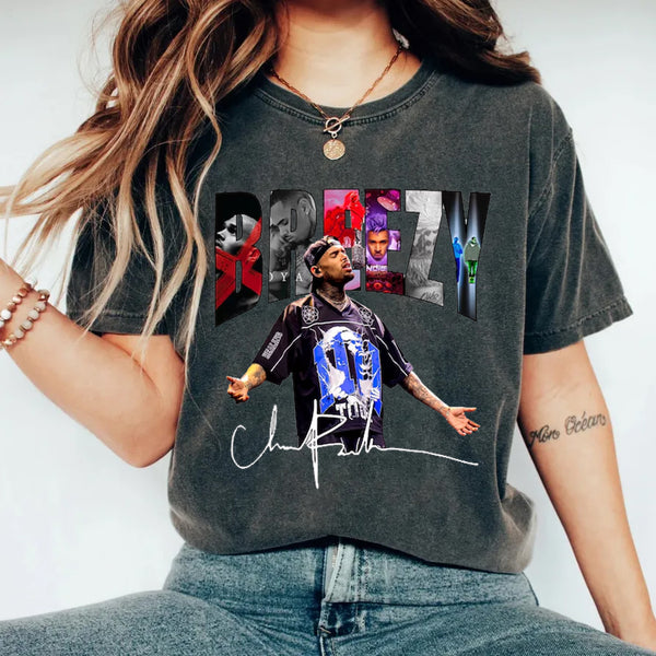 Chris Brown Portrait Signature Printed Crew Neck T-shirt