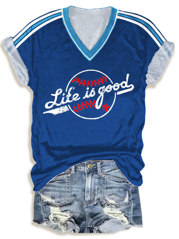 Camiseta de cuello en V con estampado de línea de béisbol retro 