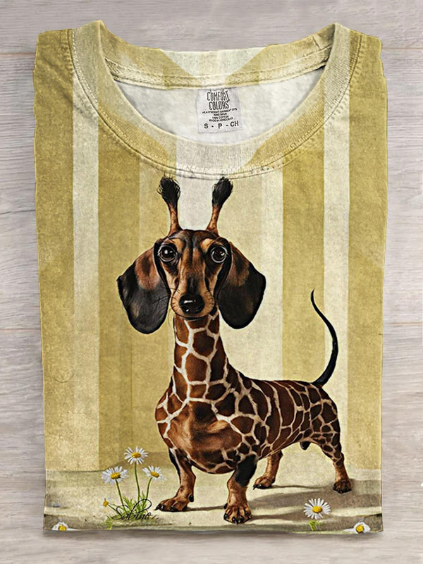 Funny Giraffe Dachshund Dog Print Crew Neck T-shirt