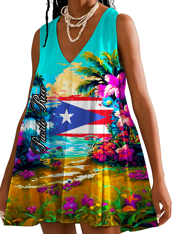 Puerto Rico Flag V-neck Sleeveless Dress
