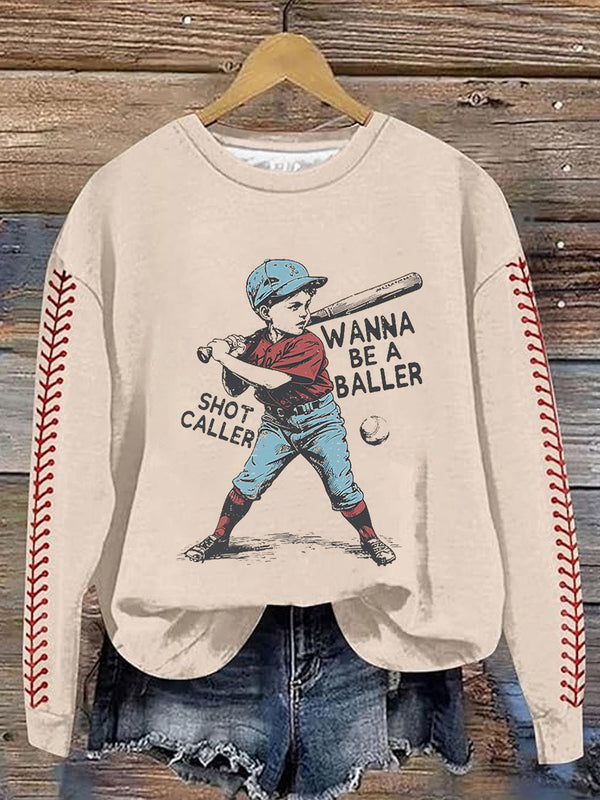 Camiseta casual de manga larga con estampado de béisbol retro 