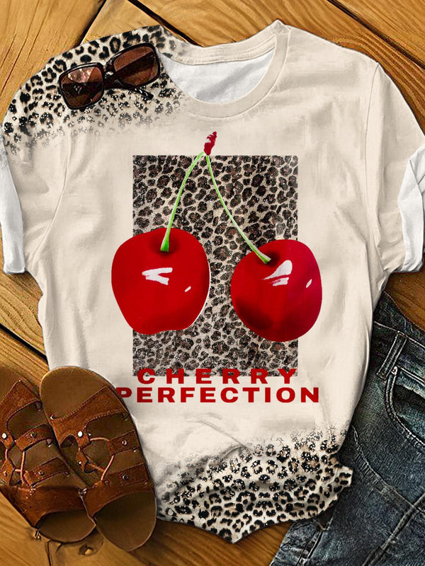 Camiseta térmica retro sexy con cuello redondo y estampado de cerezas 