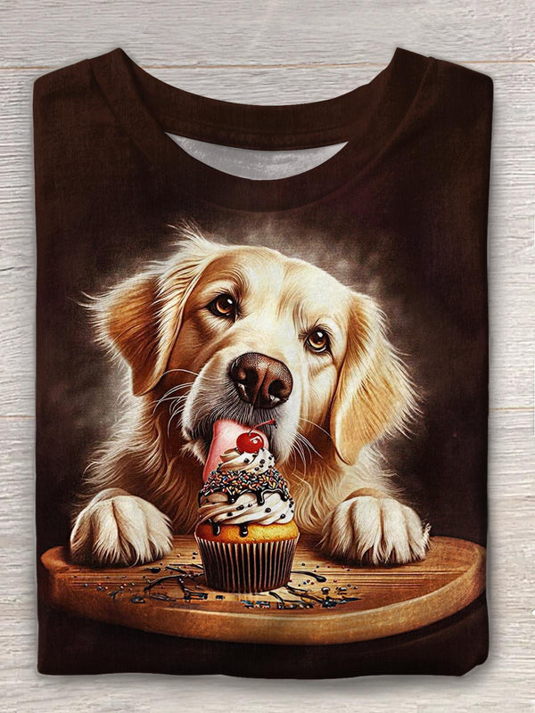 Cute Puppy Eating Cake Print Crew Neck T-shirt