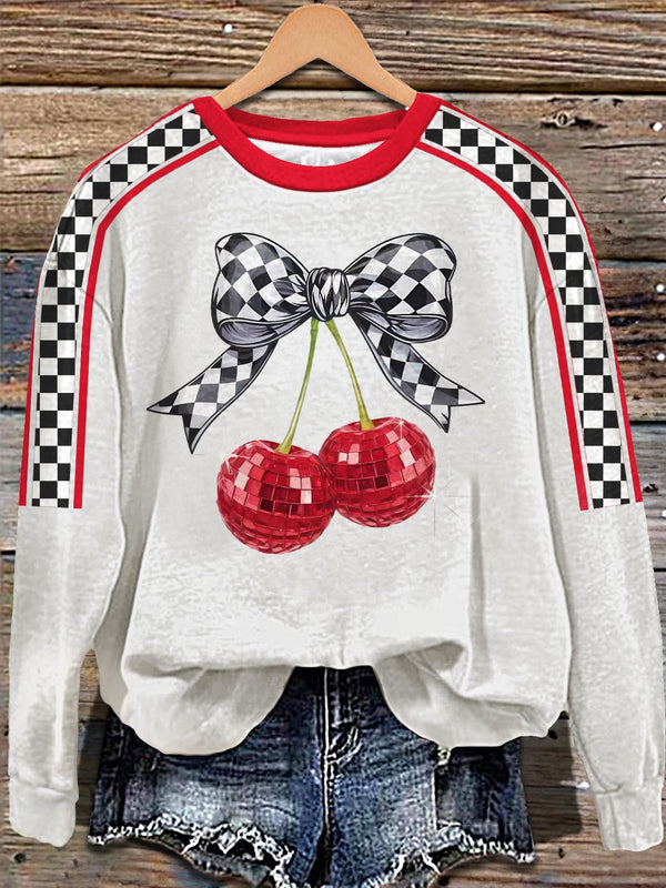 Trendy Checkered Bow Printed Long Sleeve Casual Top