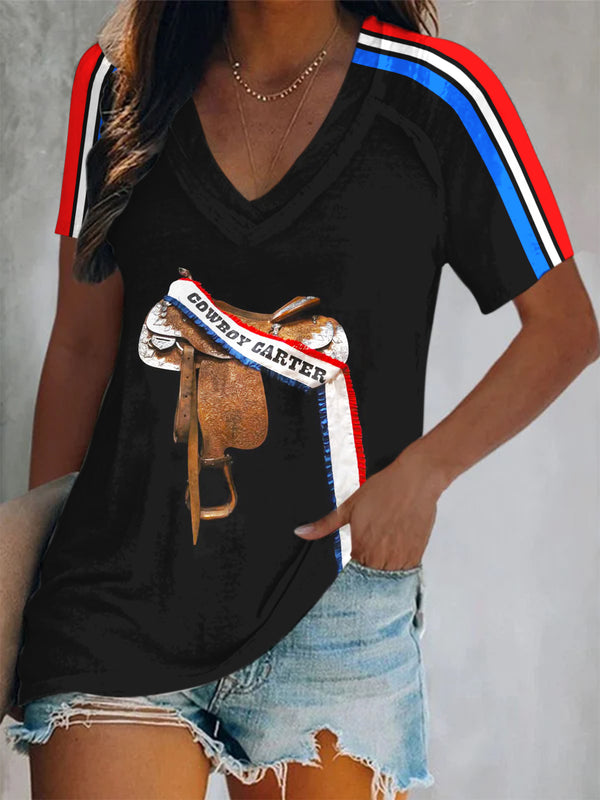 Cowboy Carter Beyoncé Short Sleeve V Neck Print Top