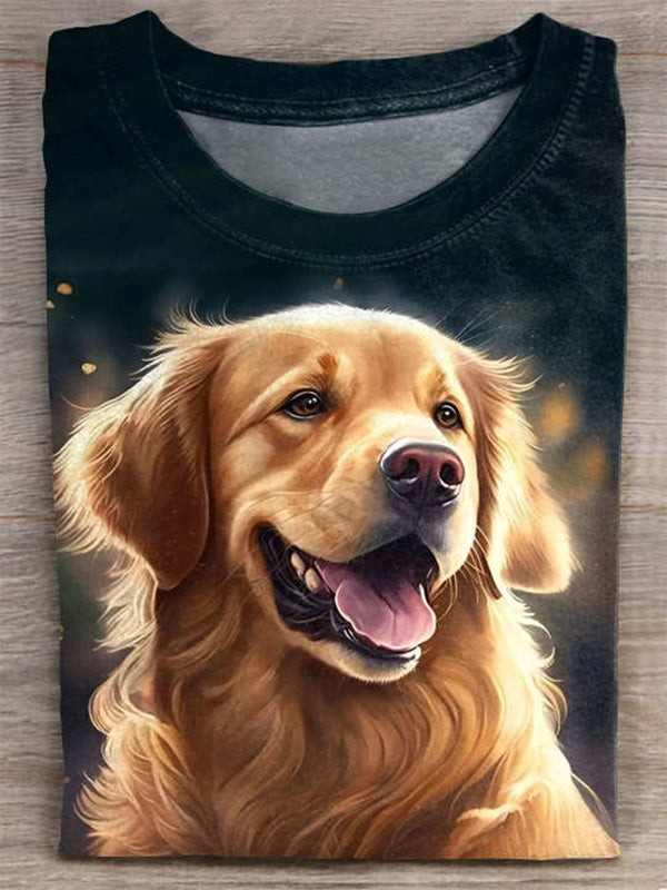Cute Golden Retriever Printed Crew Neck T-shirt
