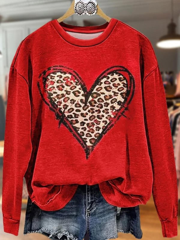Valentine's Day Heart Leopard Print Long Sleeve Casual Top