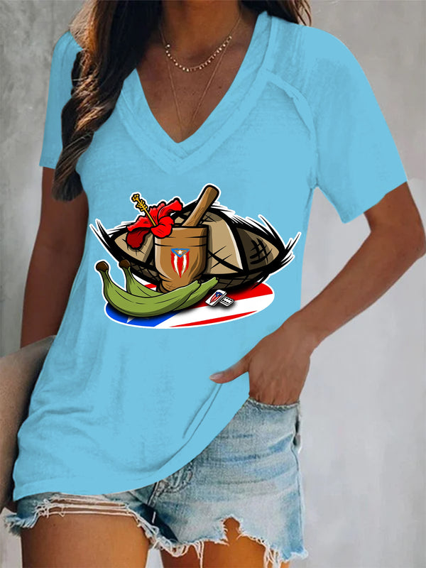 Puerto Rican Food Print V-Neck T-Shirt Women's Short Sleeve Cultural Tee