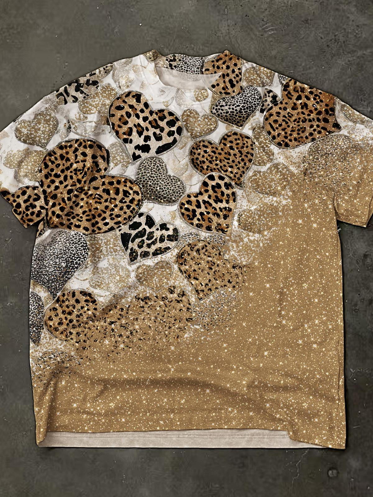 Alentine's Day Leopard Heart Print Crew Neck T-shirt