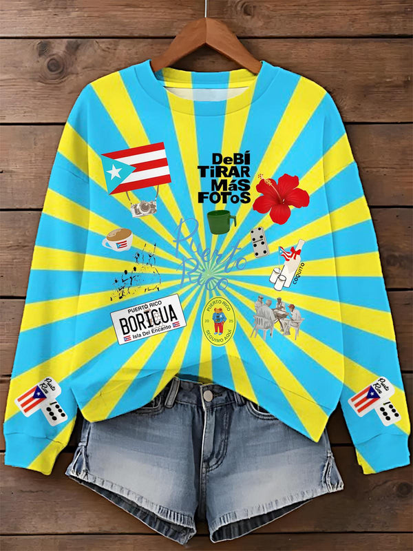 Puerto Rico Cultural Icons Print Crew Neck Women's Sweatshirt Oversized Pullover
