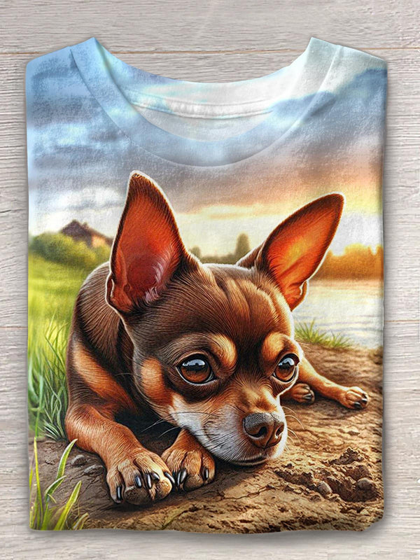 Cute Fawn Dog Print Crew Neck T-shirt