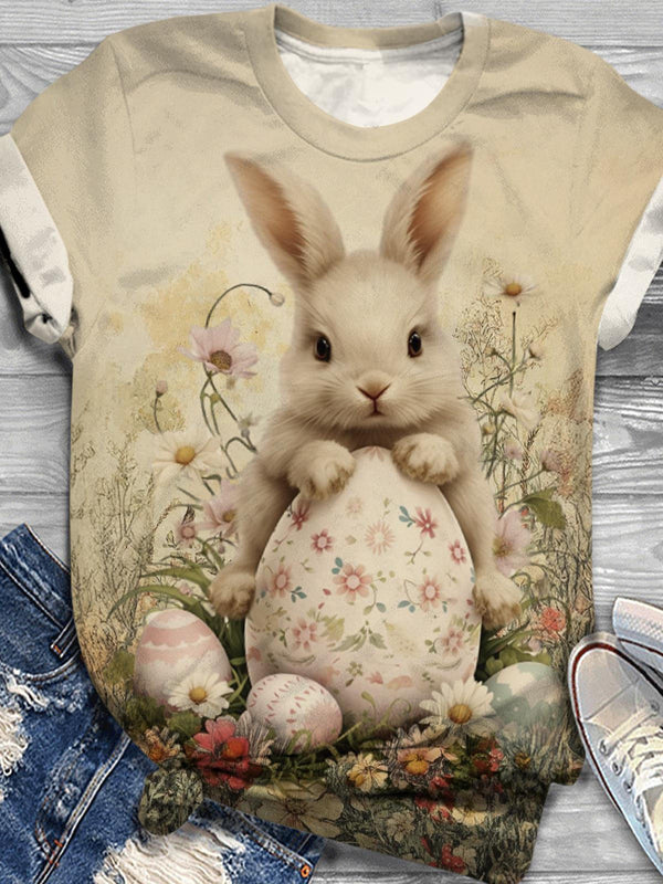 Easter Vintage Bunny Floral Crew Neck T-shirt