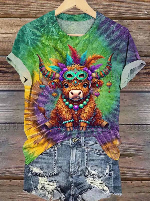 Mardi Gras Highland Cow Tie Dye Crew Neck T-shirt