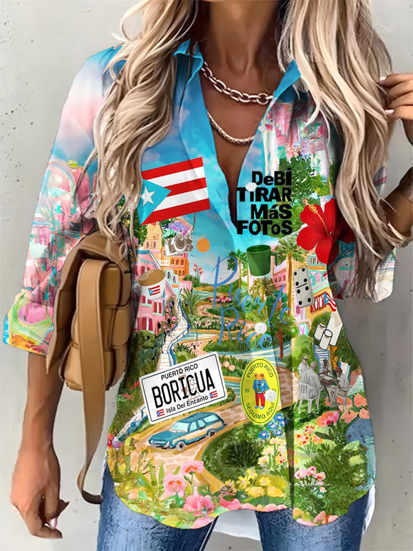 Women's Vintage Puerto Rican Print Casual Shirt