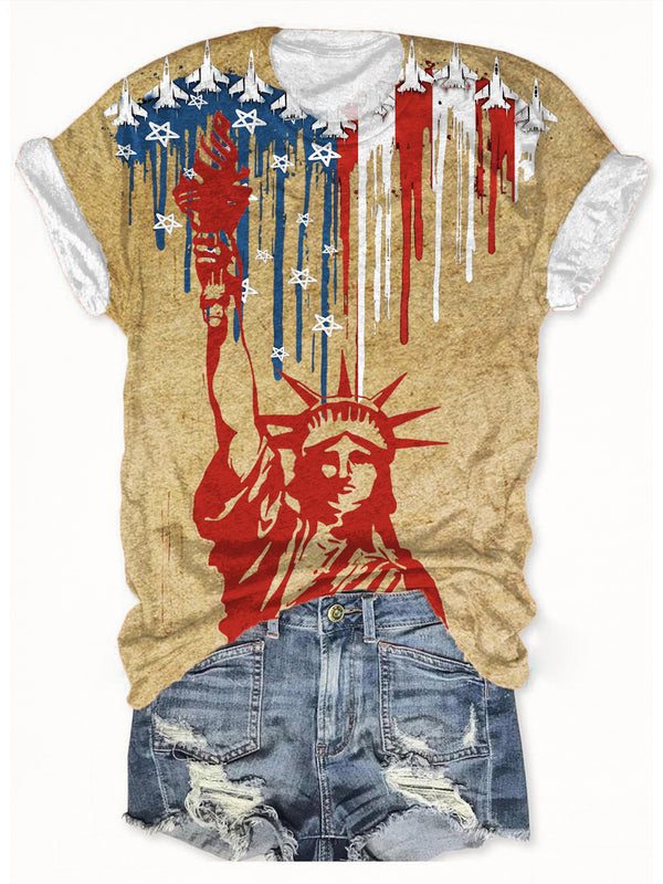Camiseta de cuello redondo con estampado retro del Día de la Independencia 