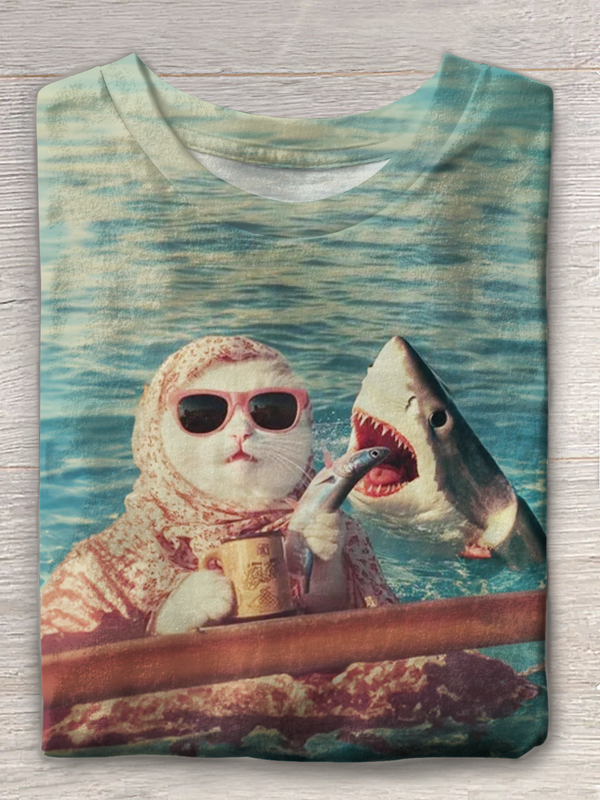 Abstract Retro Cat And Shark Art Crew Neck T-shirt
